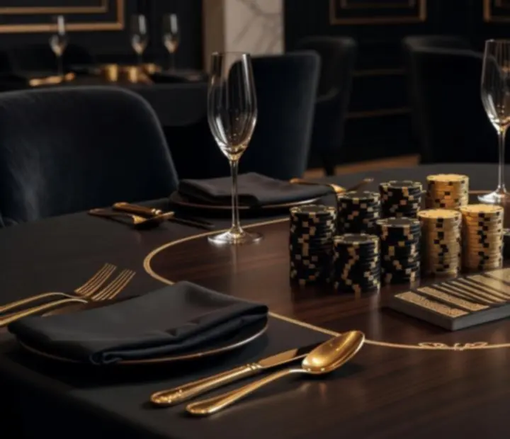 Elegancki restauracyjny stół połączony ze stołem pokerowym w nastrojowym świetle