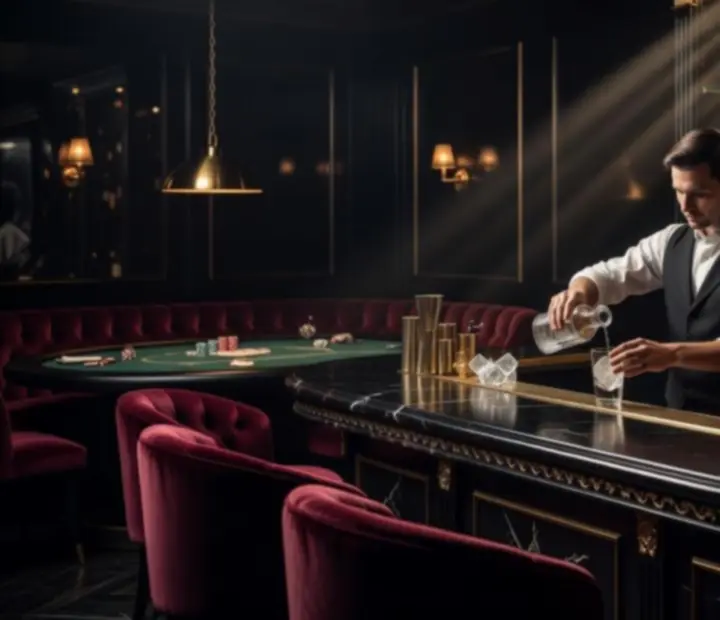 Ciemny koktajl bar w stylu speakeasy z podświetlonym blatem i szkłem