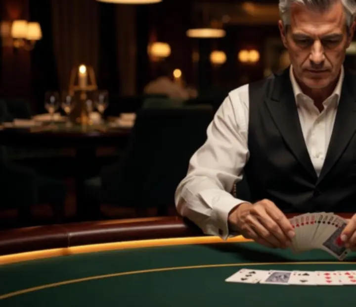 Profesjonalny krupier prowadzący rozgrywkę live przy eleganckim stole pokerowym