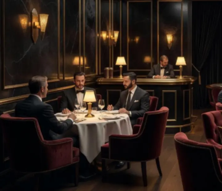Eleganckie, przyciemnione wnętrze restauracji z nakrytym stołem