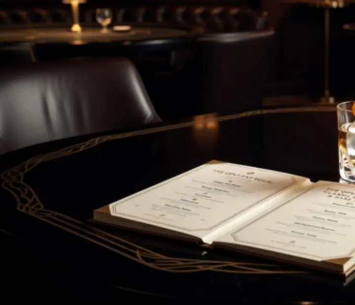 Elegancka karta koktajli ułożona na stoliku w przyciemnionym lounge