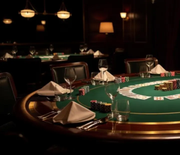 Nastrojowe wnętrze Grand Table Lounge z profesjonalnie oświetlonym stołem pokerowym i eleganckimi krzesłami