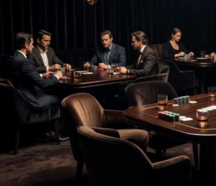Ciemne wnętrze poker lounge z eleganckimi stołami, kartami i żetonami