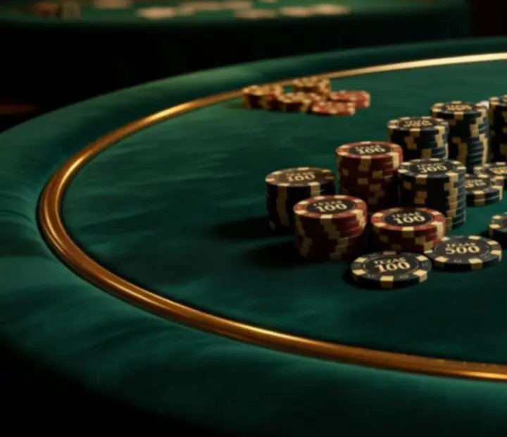 Detal profesjonalnego stołu pokerowego Texas Hold'em z oświetleniem punktowym