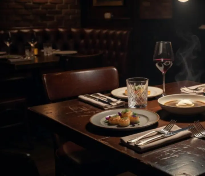 Degustacyjny stół w przyciemnionym wnętrzu Zacisz Nytaras