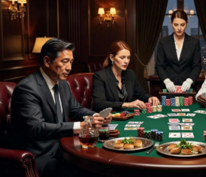 Emocjonujące rozdanie podczas wieczornego turnieju pokerowego w nastrojowym wnętrzu